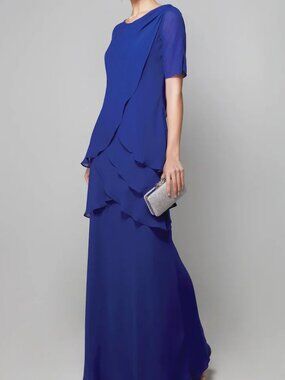 NWT Alyce Paris 27593 Tiered Chiffon Short Sleeve Formal Dress Cobalt size 12
